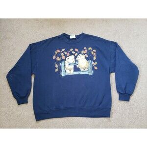 Vintage 90s Bear Fall Leaves Graphic Crew-Neck Sweatshirt Navy Blue Size 2XL